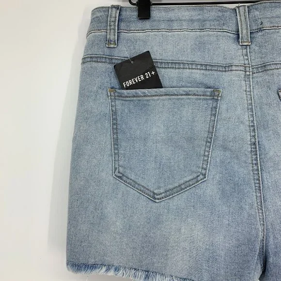 Forever 21 Denim Shorts Button Fly Blue Distressed Denim Fray - Picture 7 of 9